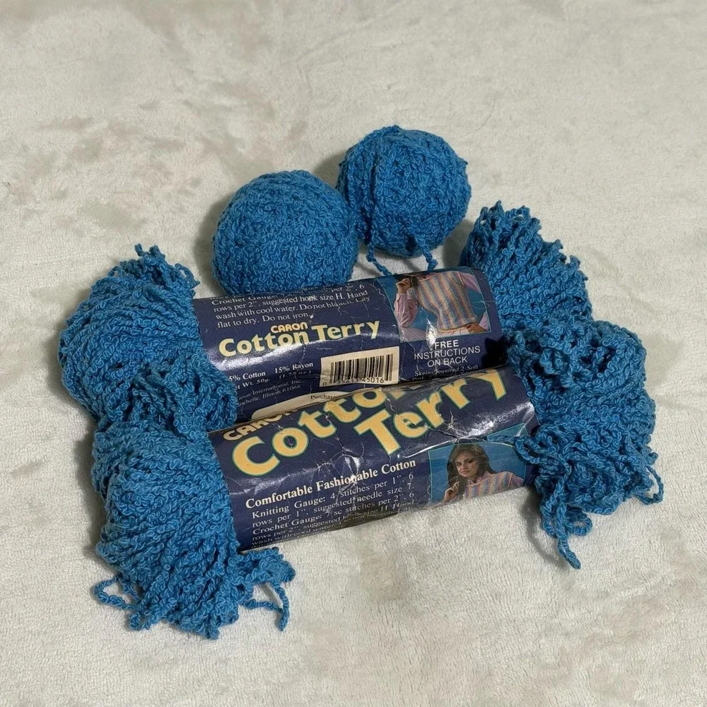 Vintage Caron Cotton Terry Yarn Lot 7 Skeins 50g 1.75 Zigzag Pink Blue 3‎ Colors